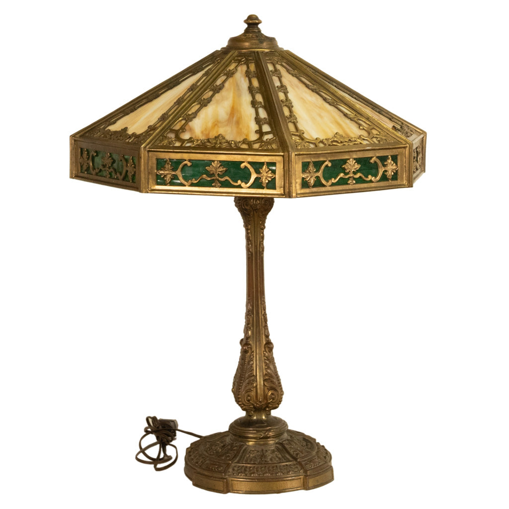 Antique American Arts & Crafts 3 Light Slag Glass Table Lamp by Miller Co. 1910