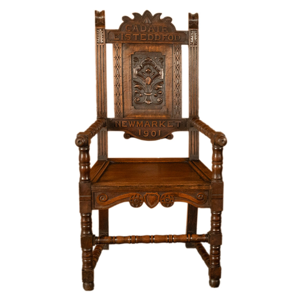 Antique Welsh Carved Oak Eisteddfod Bardic Chair Newmarket Trelawnyd Wales 1901