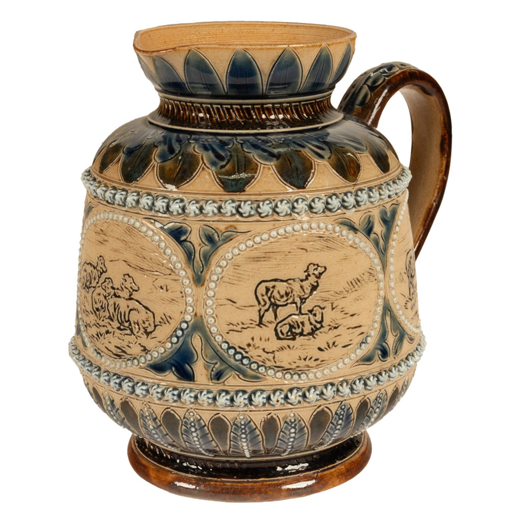 Antique Aesthetic Movement Doulton Lambeth Hannah Barlow Stoneware Jug Sheep, 1873