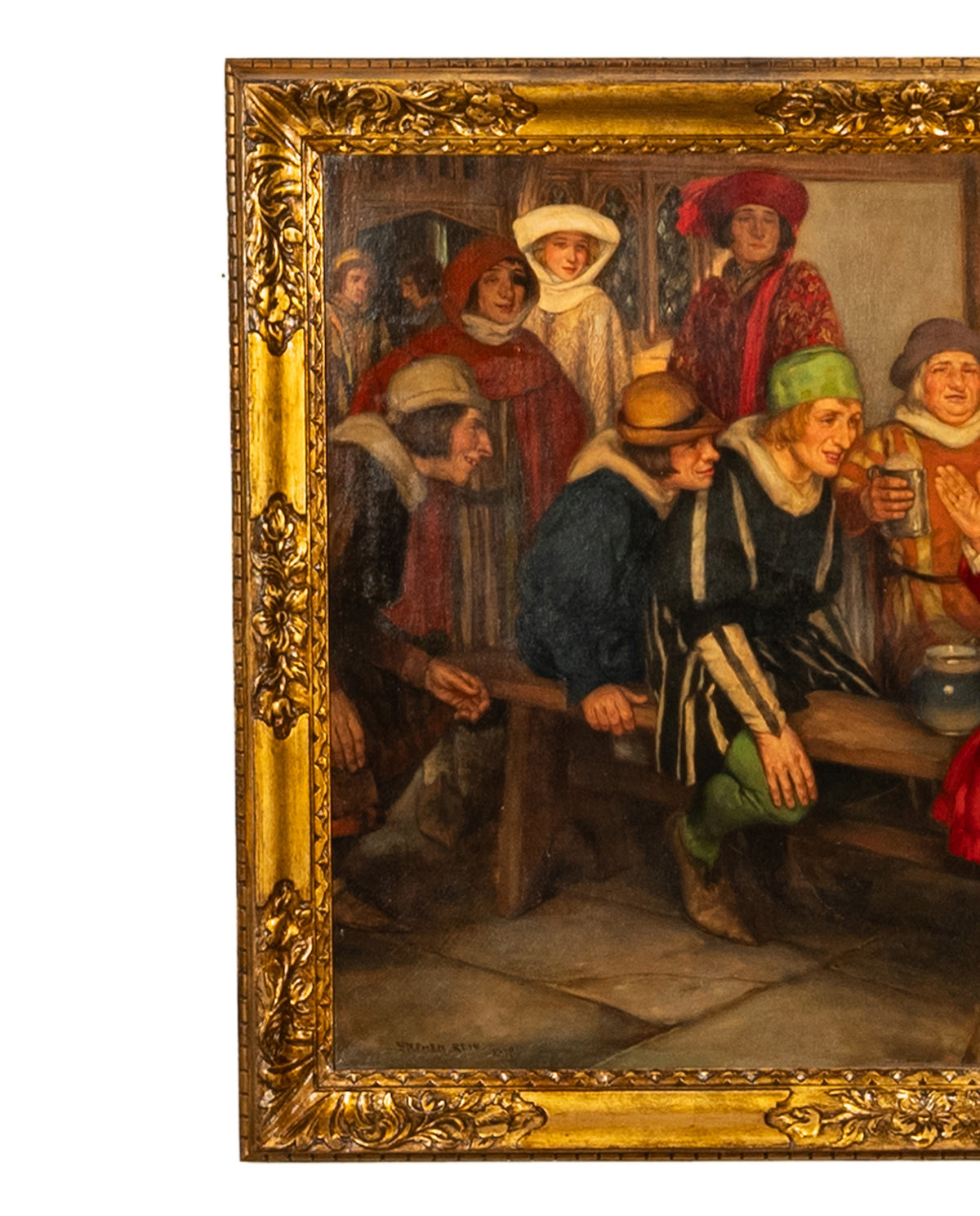 Antique Oil on Canvas Painting Medieval Figurative Village Scene "Fishing" By Stephen Reid 1918