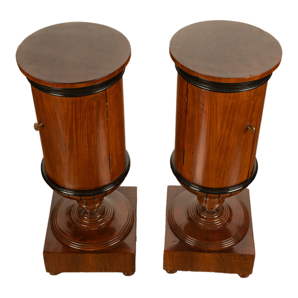 Pair Antique Austrian Walnut Biedermeier Drum Pedestal Cabinets Nightstands 1830