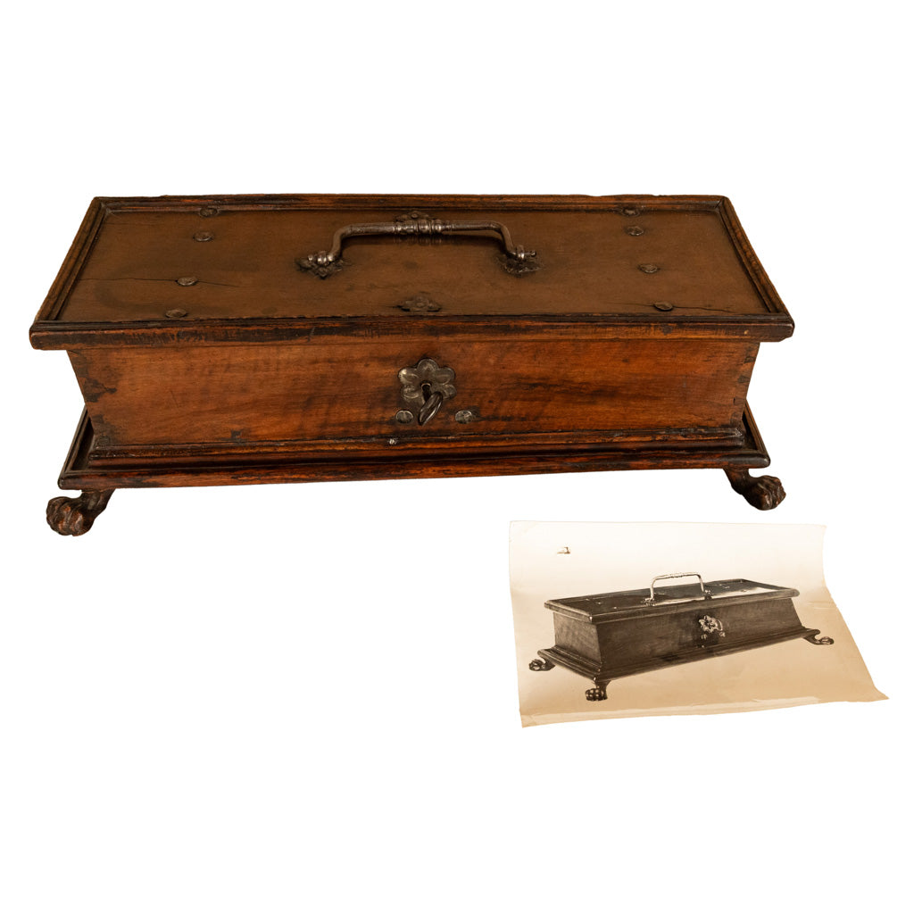 Antique Italian Baroque Walnut & Engraved Iron Jewelry Strong Box Cassone 1600