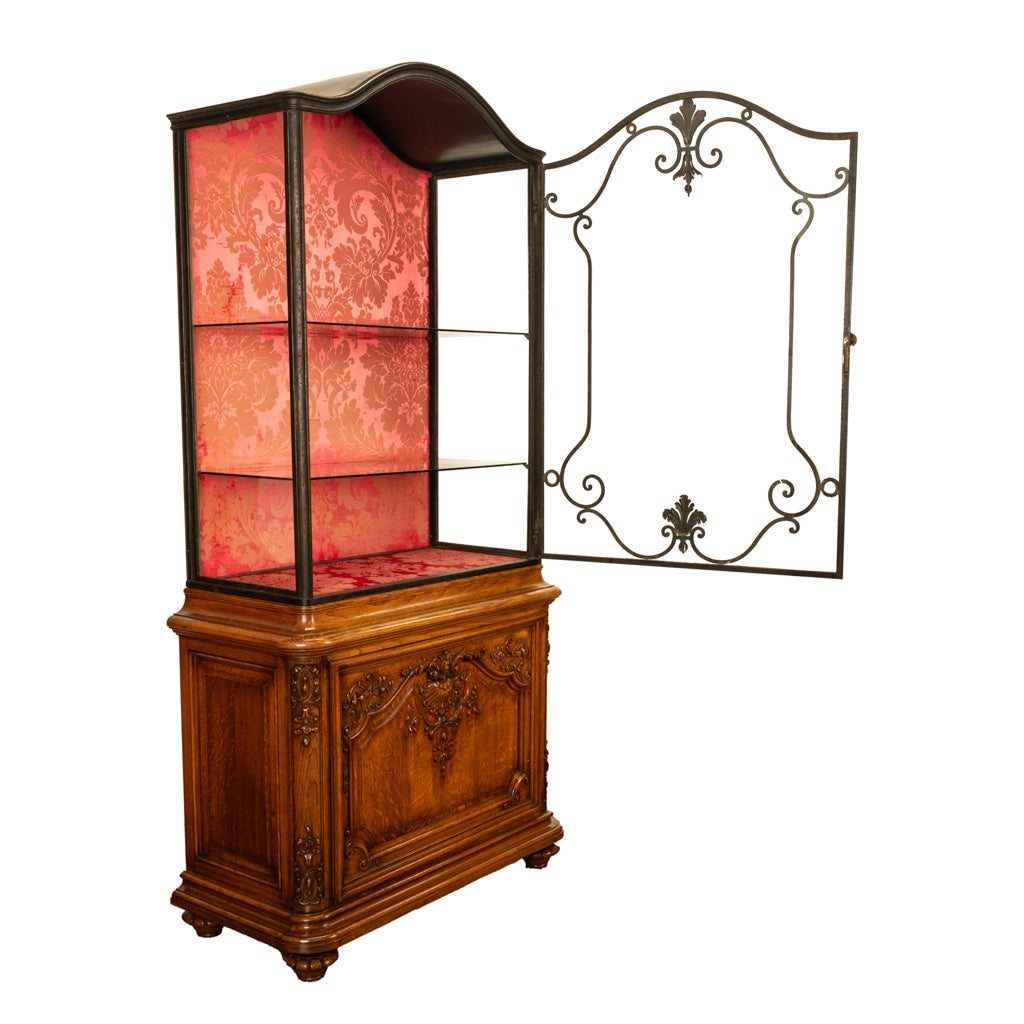 Antique French Louis VVI Carved Oak Iron & Glass Vitrine by Maison Soubrier 1900