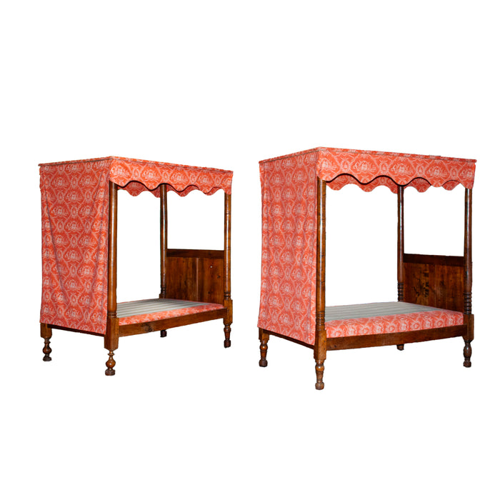 Pair 18th Century Antique French Four Poster Tester Canopy Cherry Twin Beds 1780