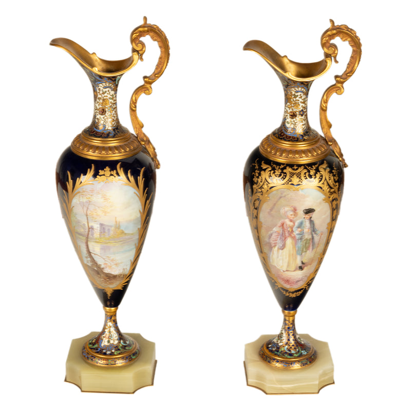 Pair Antique French Sevres Porcelain & Champleve, Ormolu Ewers Signed Rochette Circa 1890