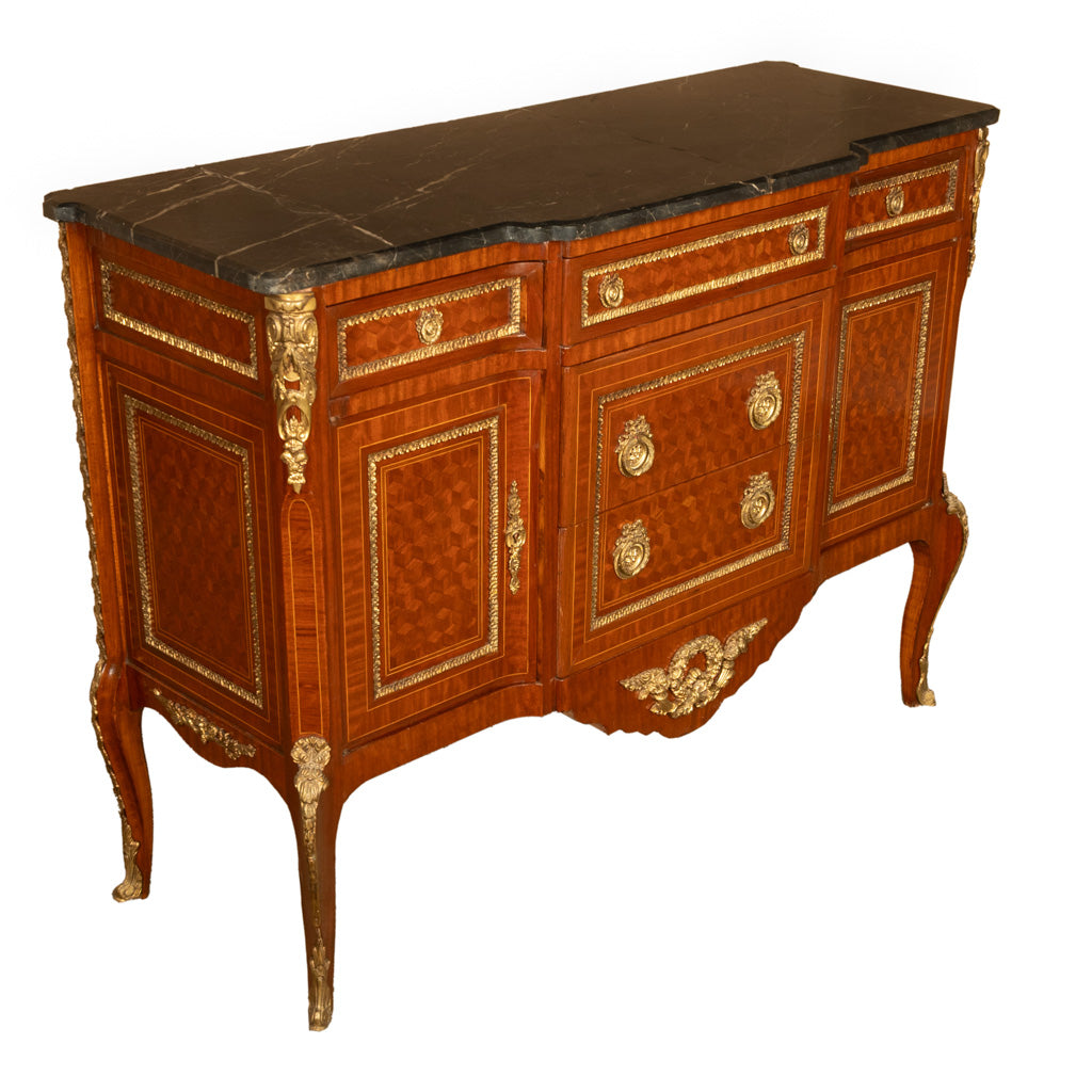 Antique French Parquetry Ormolu Marble Top Louis XVI Commode Chest Drawers 1880