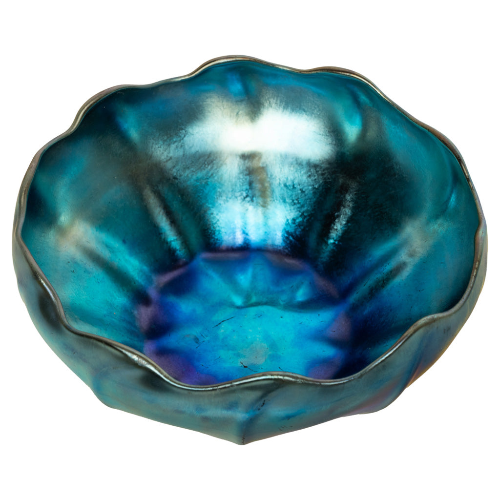 Antique Tiffany Studios Blue Iridescent Favrile Art Glass Bowl Signed "LCT" 1905