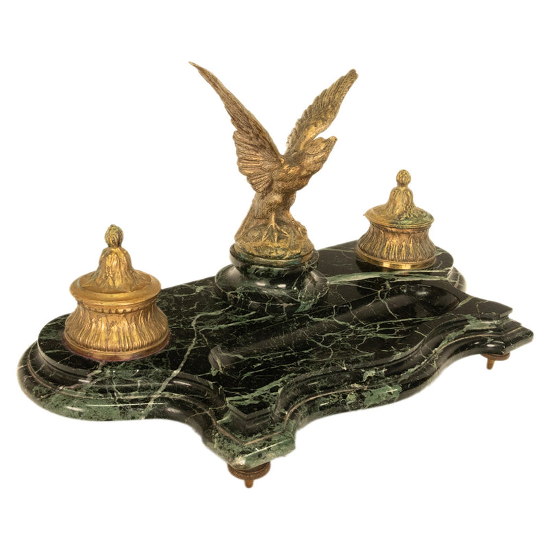 Antique 19thC French Empire Gilt Bronze Marble Eagle Desk Set Twin Inkwell 1880