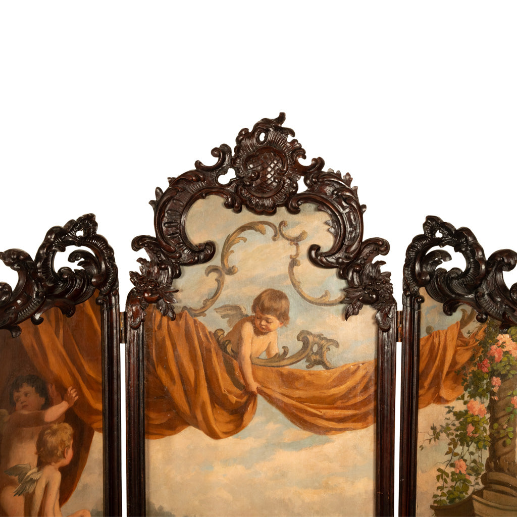 Antique French Rococo Oil Canvas Walnut Painting Landscape Cherubs Screen 1870