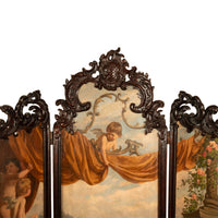 Antique French Rococo Oil Canvas Walnut Painting Landscape Cherubs Screen 1870