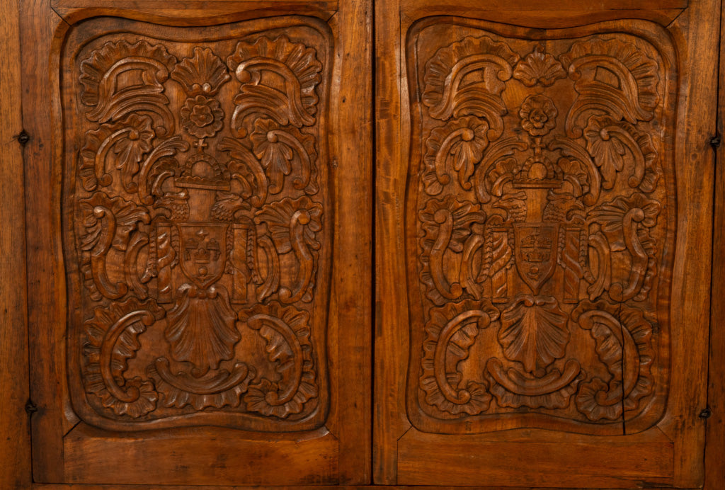 Antique 18th Century Carved Walnut Corner Cabinet Spainish Royal Coat of Arms