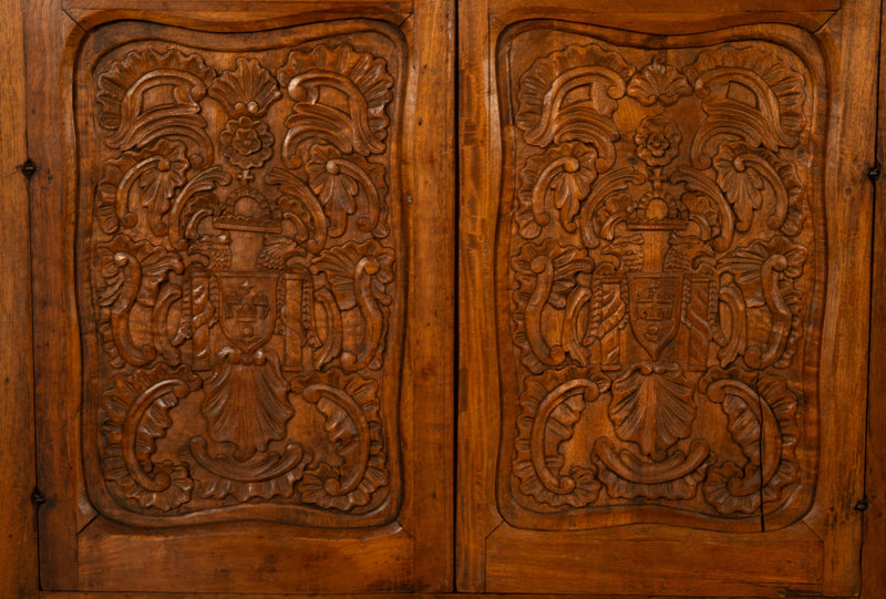 Antique 18th Century Carved Walnut Corner Cabinet Spainish Royal Coat of Arms