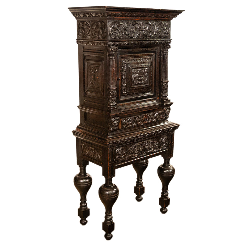 Antique 17th Century Dutch Carved Ebonized Oak Credence Cabinet on Stand 1680