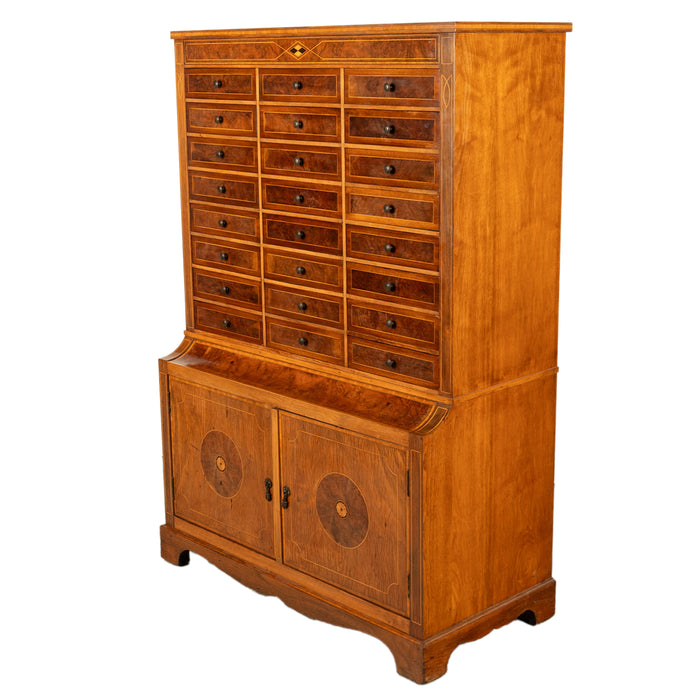 Antique Art Deco Inlaid Marquetry Burl Walnut 24 Drawer Filing Collectors Cabinet Circa 1920