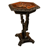 Antique Ceylonese Carved Rosewood Ebony Ivory Silver Specimen Inlaid Table 1850