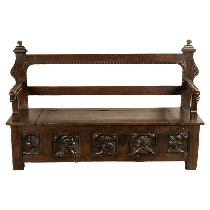 Antique French Brittany Carved Oak Bench with 16th Century Portrait Panels 1560