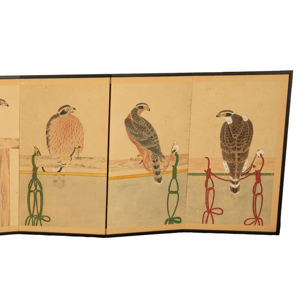 Pair Antique Japanese Edo Falcon Hawk Birds of Prey Takagari Screens 1880
