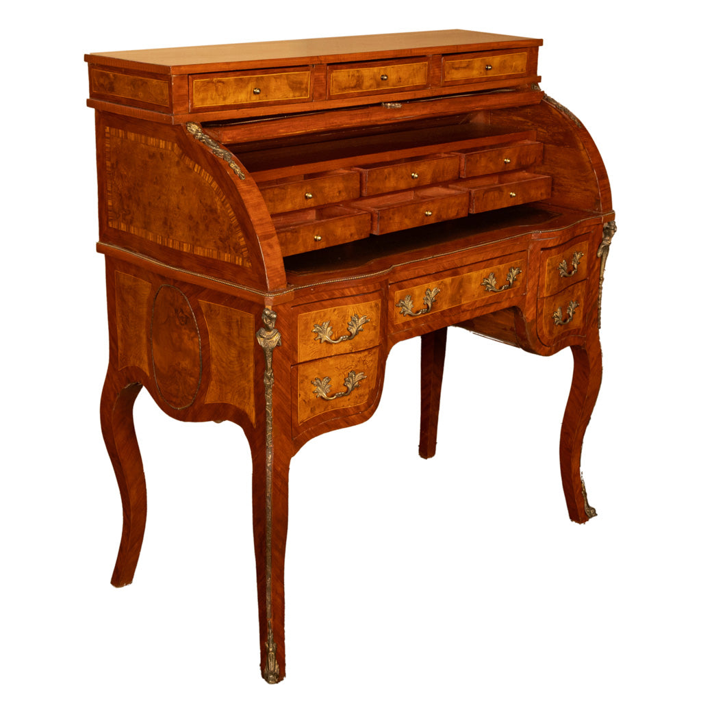 Antique French Louis XV Cylinder Marquetry & Ormolu Bureau Writing Desk 1880