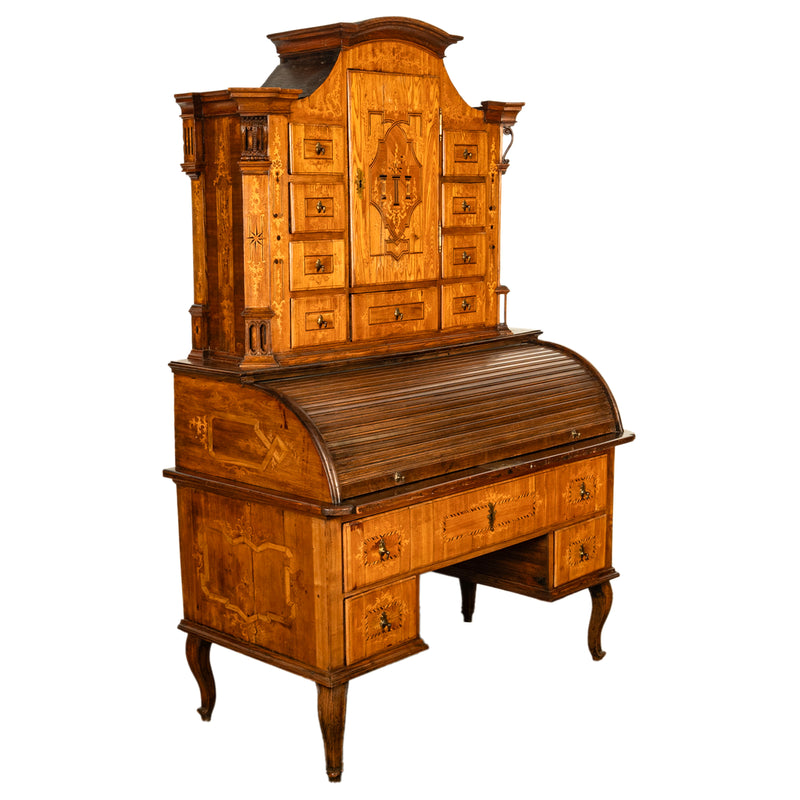 Antique Austrian Baroque Biedermeier Marquetry Roll Top Tabernacle Cabinet Desk Circa 1820