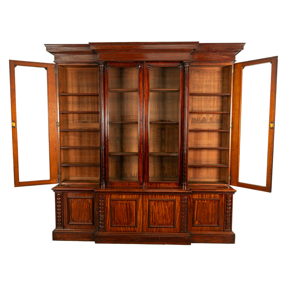 Monumental Antique Irish Carved Mahogany Breakfront Bookcase Bibliotheque 1850