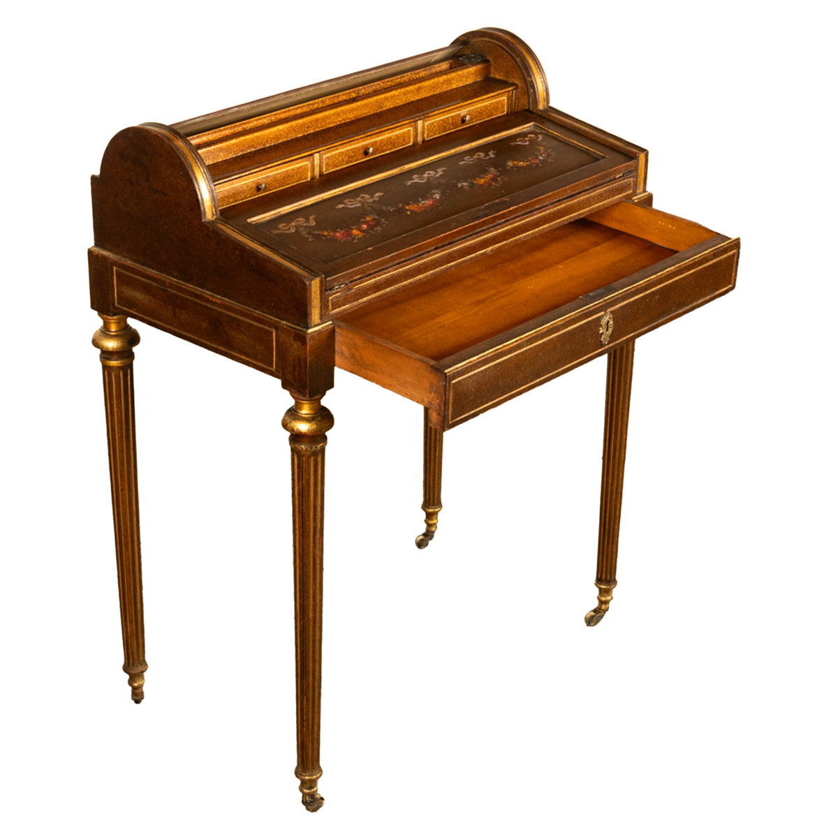 Antique 19th Century French Gilded & Painted Cylinder Desk by Paul Sormani 1875