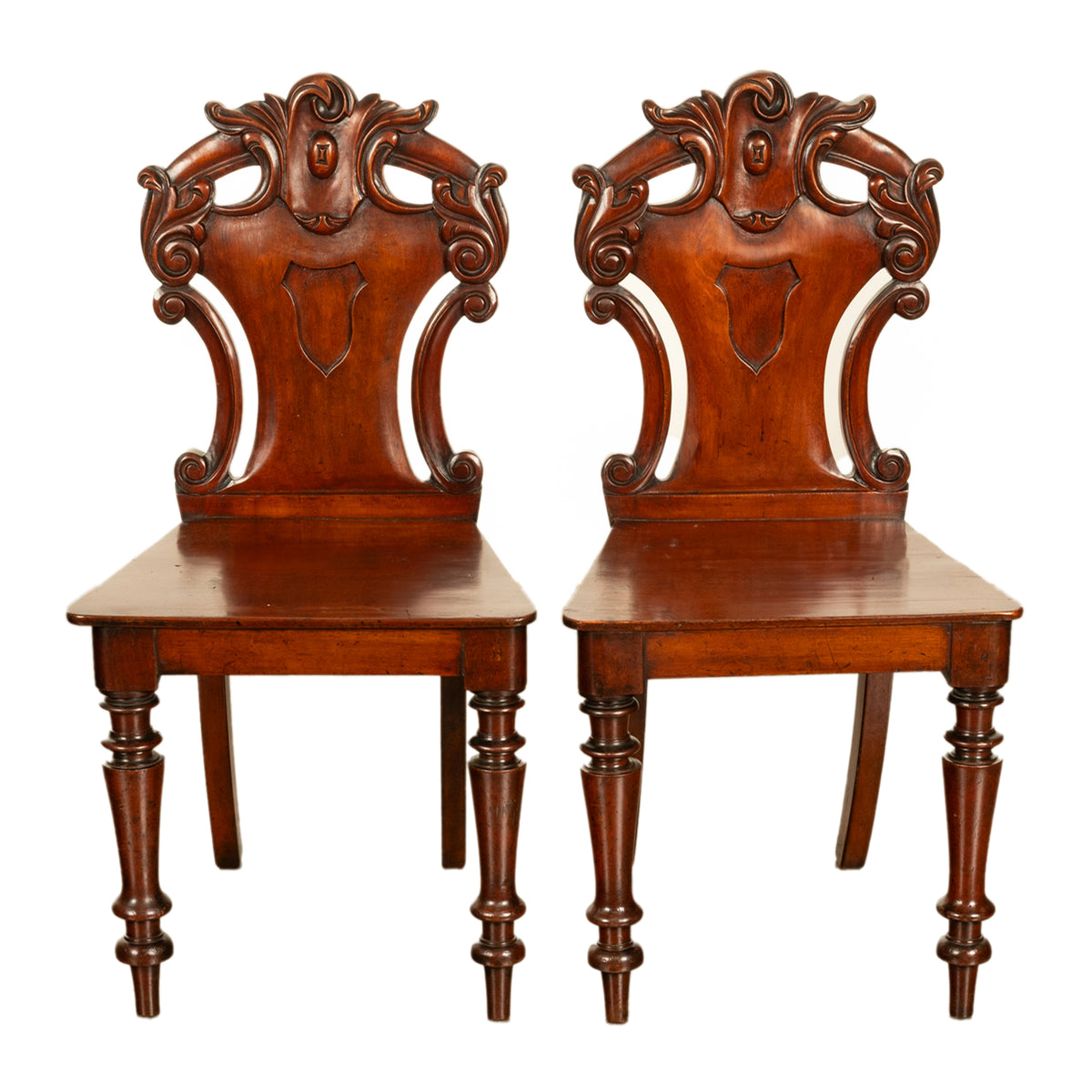 Pair Antique Regency Carved Mahogany Country House Shield Back Hall Chairs 1825