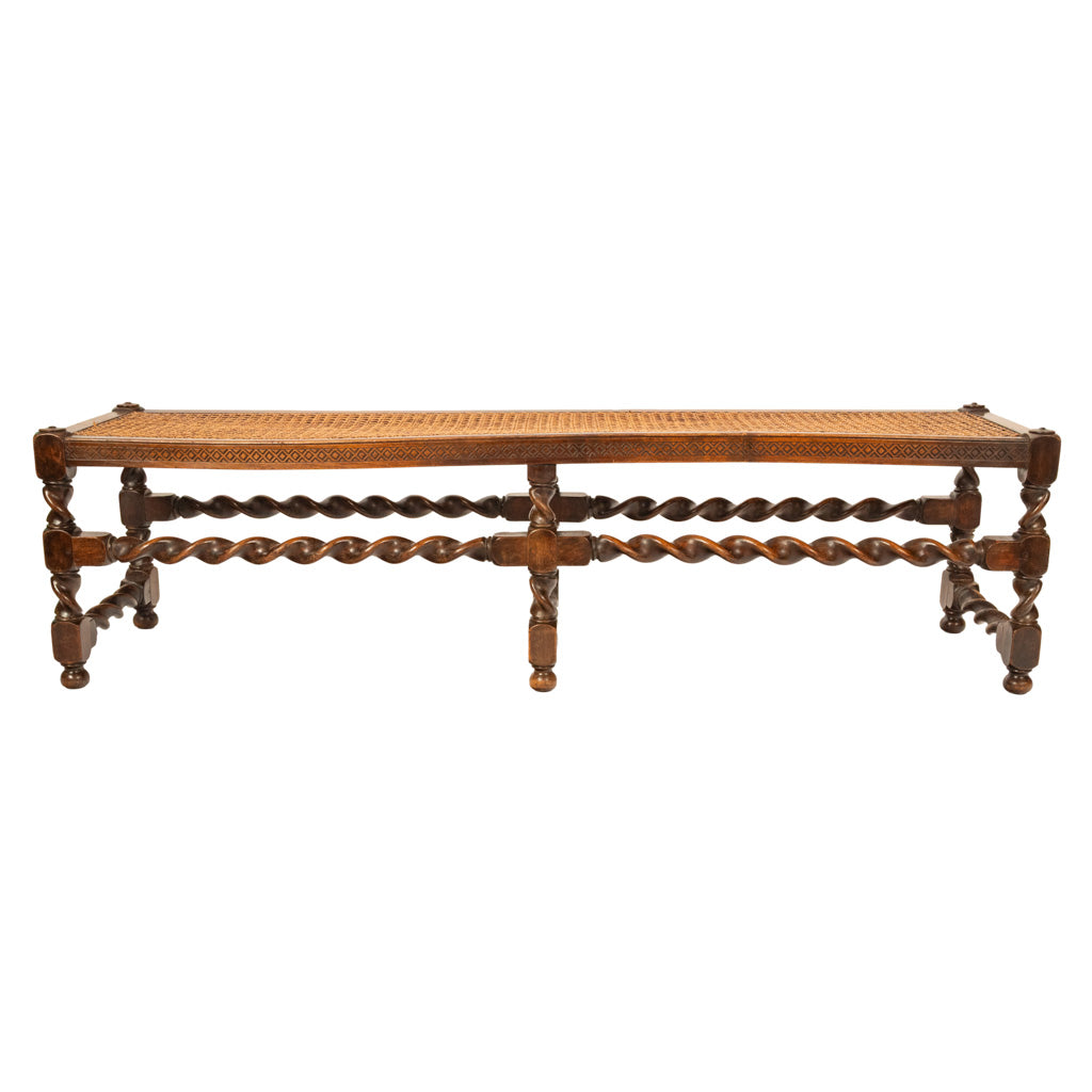Antique English Jacobean Carved Walnut Barley Twist Caned Long Bench Seat 1880