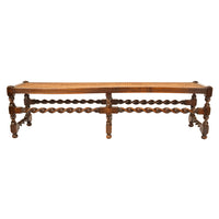 Antique English Jacobean Carved Walnut Barley Twist Caned Long Bench Seat 1880