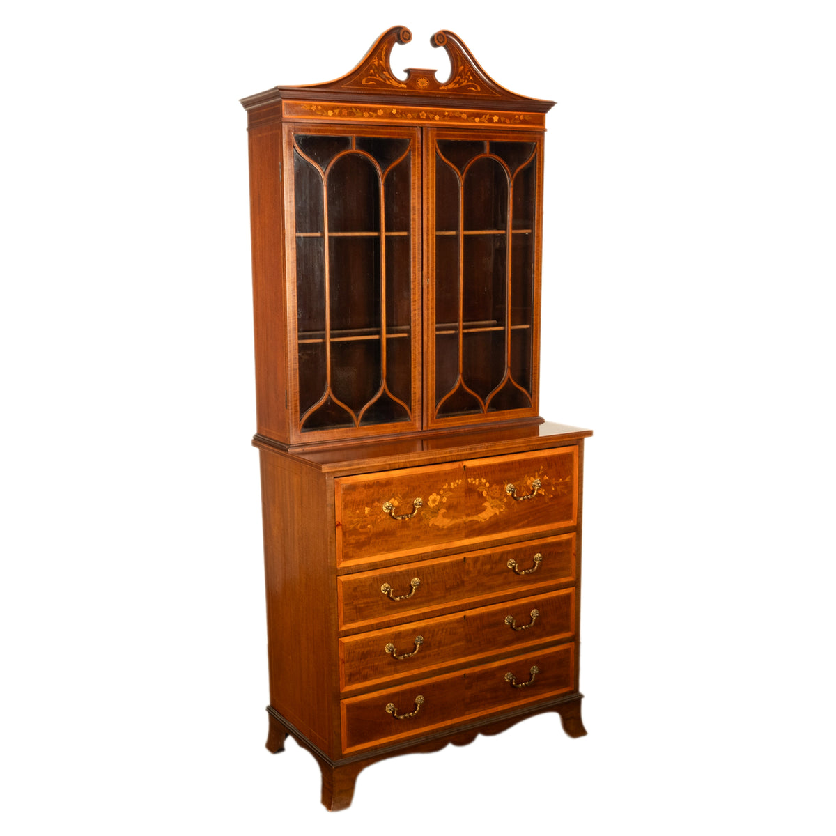 Antique Georgian Sheraton Marquetry Mahogany Bureau Bookcase Butler's Secretary Circa 1810