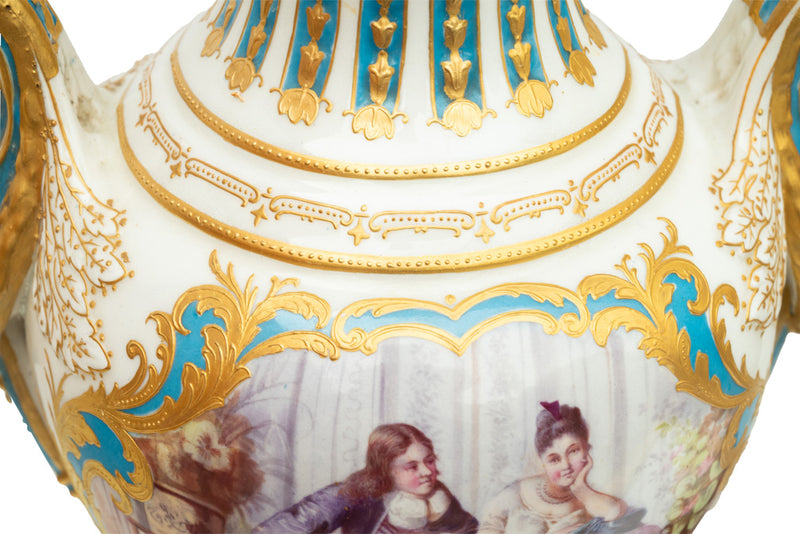 Pair Antique French Sevres Handpainted Gilded Ormolu Porcelain Urns signed 1890