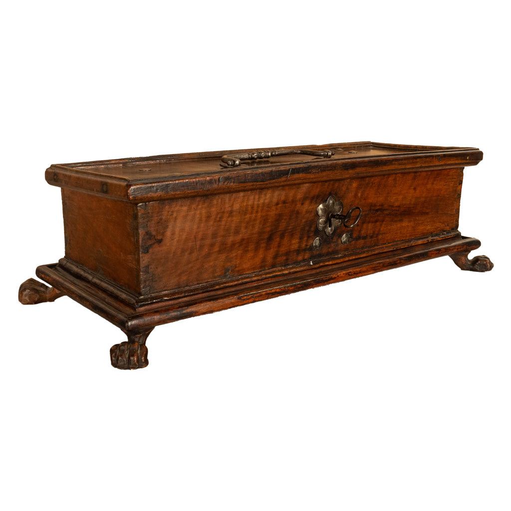 Antique Italian Baroque Walnut & Engraved Iron Jewelry Strong Box Cassone 1600