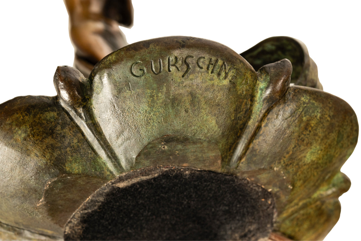 Antique Art Nouveau Austrian Bronze Figural Lamp Loetz Glass Gustav Gurschner, 1905
