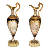 Pair Antique French Sevres Porcelain & Champleve, Ormolu Ewers Signed Rochette Circa 1890