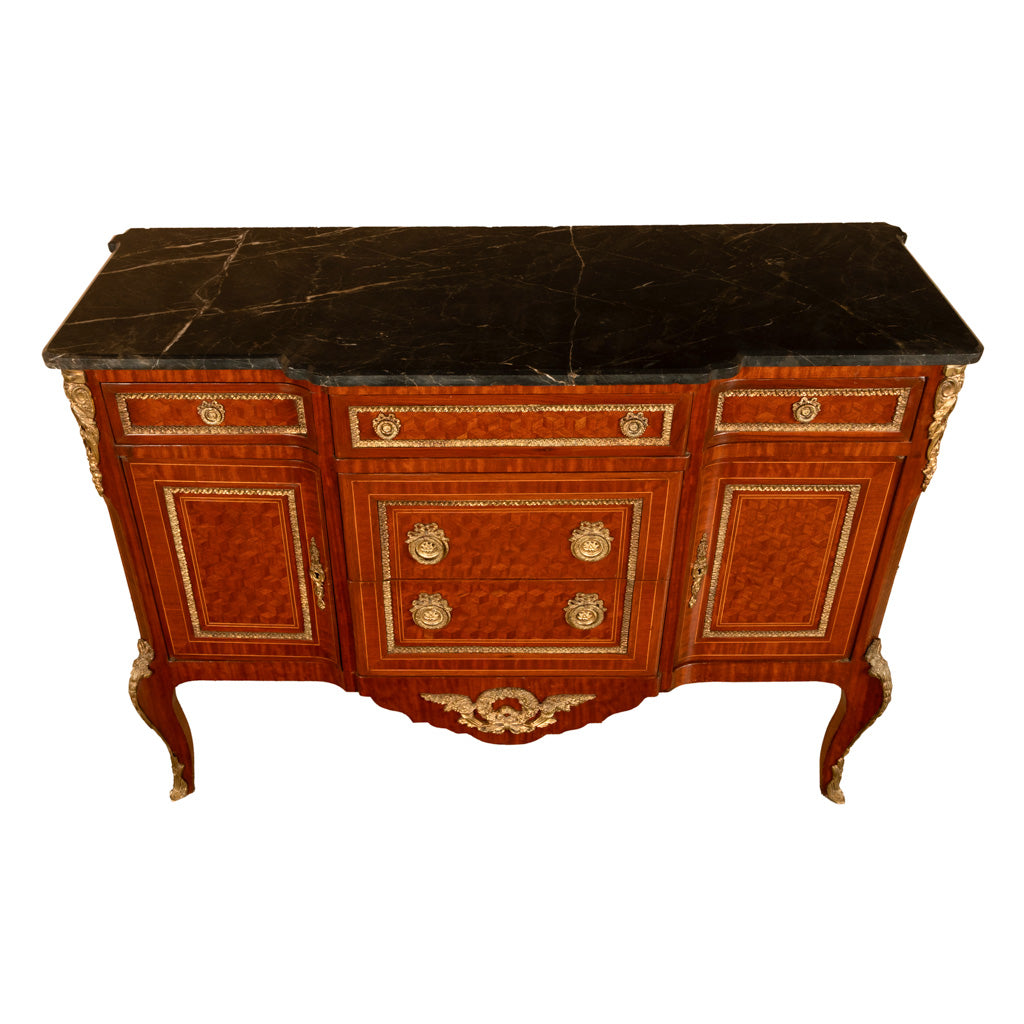 Antique French Parquetry Ormolu Marble Top Louis XVI Commode Chest Drawers 1880