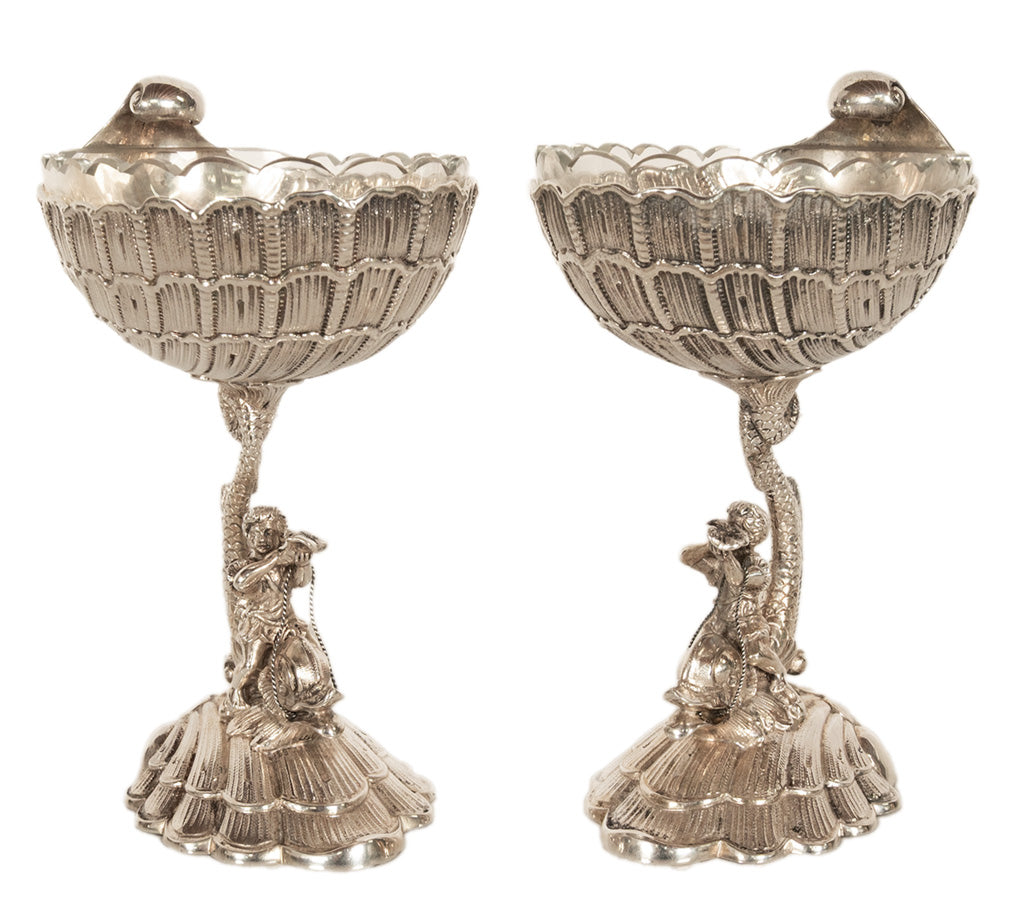 Antique Pair German Silver Master Salts Grotto Shells Putti Dolphins Hannau 1890