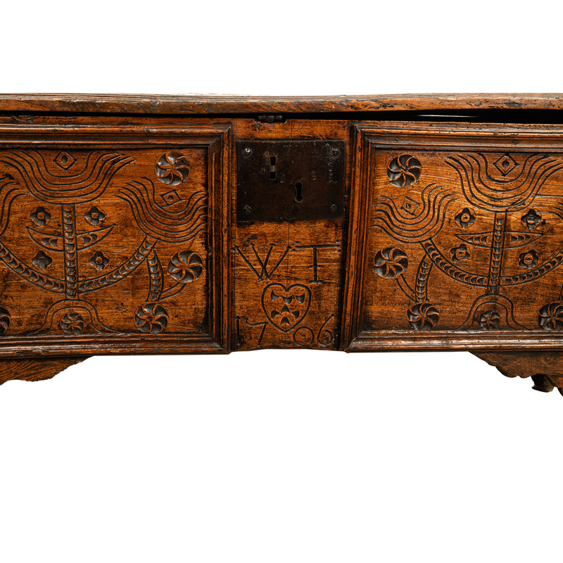 Rare Antique Queen Anne Carved Elm Childs Coffer Chest Dated 1706 Ex Christie's London