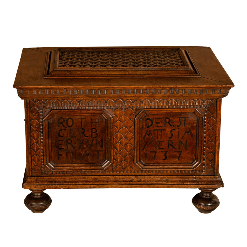 Antique Carved Walnut & Iron Coffer Chest Strong Guild Box Simmern Germany 1737