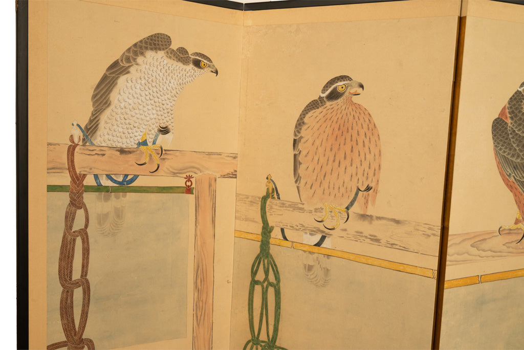 Pair Antique Japanese Edo Falcon Hawk Birds of Prey Takagari Screens 1880