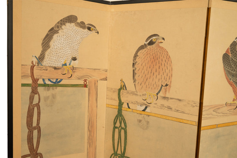 Pair Antique Japanese Edo Falcon Hawk Birds of Prey Takagari Screens 1880