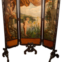 Antique French Rococo Oil Canvas Walnut Painting Landscape Cherubs Screen 1870
