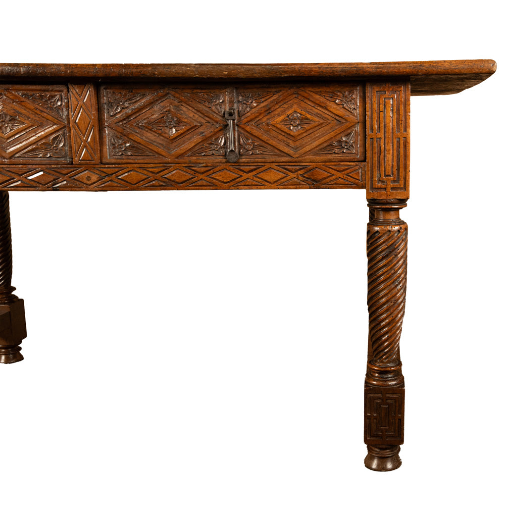 Antique 17th Century Baroque Carved Walnut Spanish Table Desk Navarre 1650