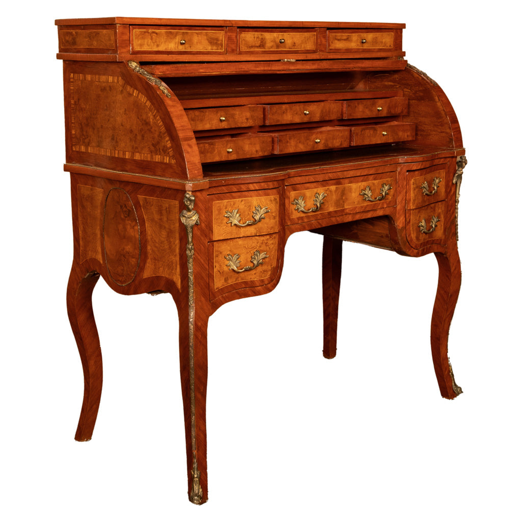 Antique French Louis XV Cylinder Marquetry & Ormolu Bureau Writing Desk 1880