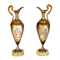 Pair Antique French Sevres Porcelain & Champleve, Ormolu Ewers Signed Rochette Circa 1890