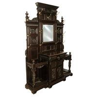 Antique Monumental Renaissance Revival Carved Oak Hall Tree Stand Mirror 1890