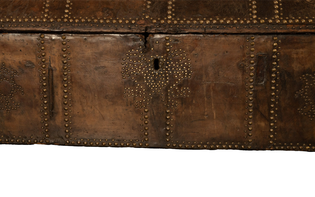 Antique 17th Century Italian Leather and Pine & Brass Stud Work Carriage Chest Trunk 1680
