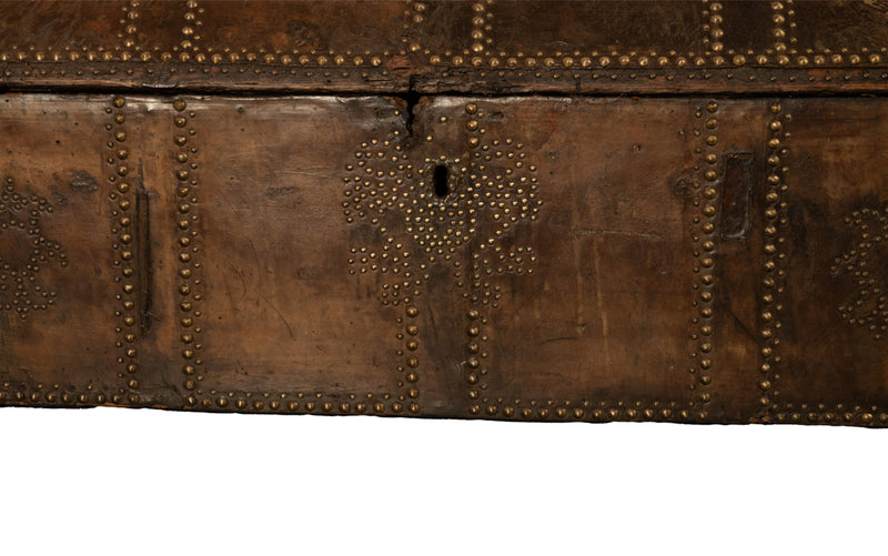 Antique 17th Century Italian Leather and Pine & Brass Stud Work Carriage Chest Trunk 1680