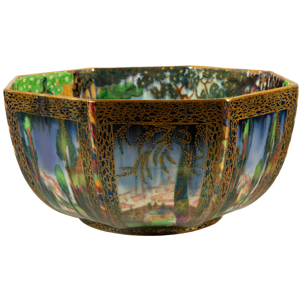 Large Wedgwood Fairyland Lustre Potrcelain Bowl Elves Boxing Match & Castle on a Road 1920