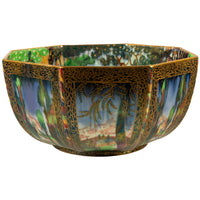 Large Wedgwood Fairyland Lustre Potrcelain Bowl Elves Boxing Match & Castle on a Road 1920
