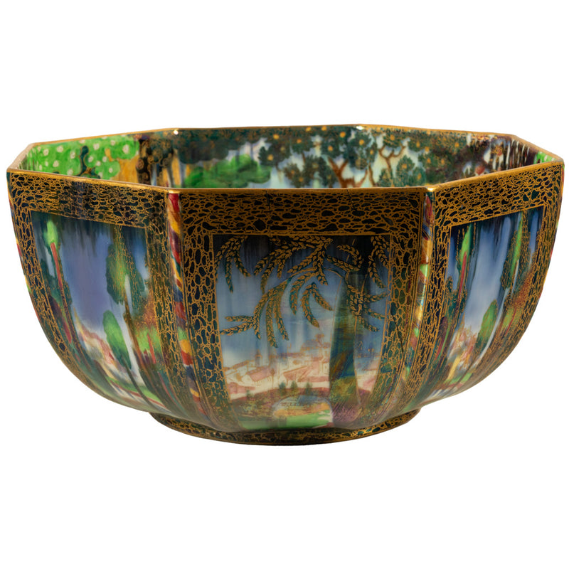 Large Wedgwood Fairyland Lustre Potrcelain Bowl Elves Boxing Match & Castle on a Road 1920