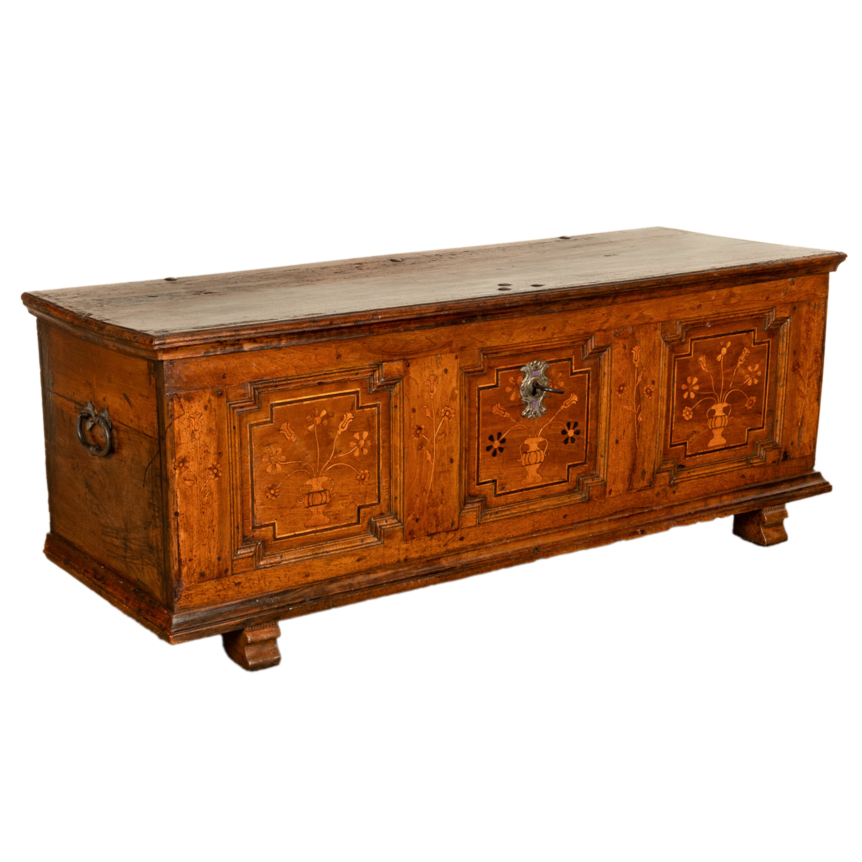 Antique German Baroque Inlaid Marquetry Dowry Chest Coffer Trunk